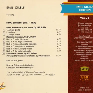 Emil Gilels Edition, vol. I: Piano Sonata no. 14, D. 784 / Moments musicaux, D. 780 / Fantasia in F minor, D. 940