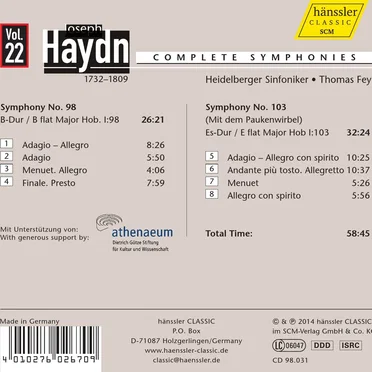 Complete Symphonies Vol. 22, Symphony No. 98 & Symphony No. 103