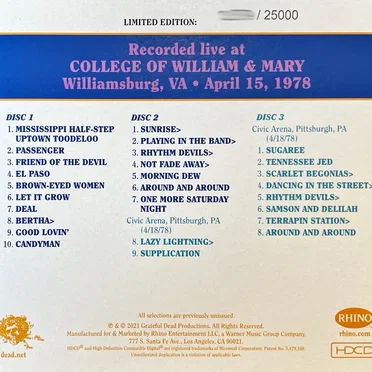 Dave’s Picks, Volume 37: College of William & Mary, Williamsburg, VA · 4/15/78