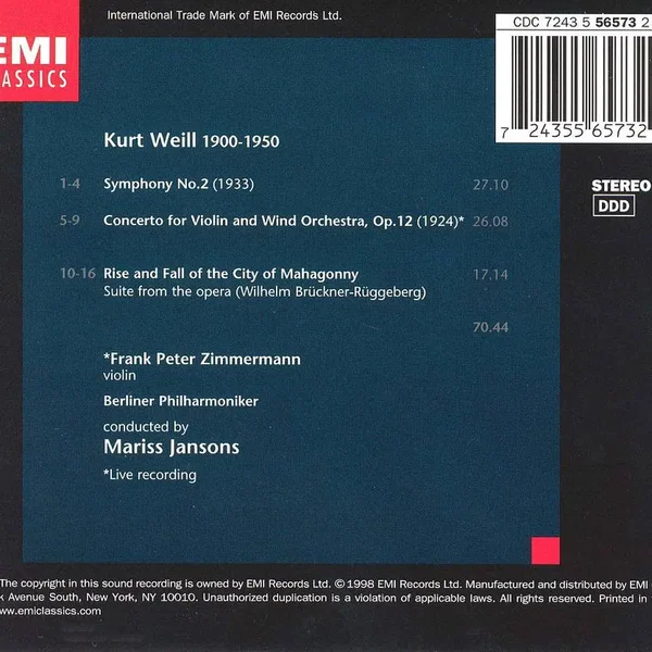 Weill: Symphonie no. 2 / Violin Concerto / Mahagonny-Suite