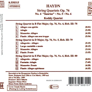 String Quartets, op. 76: No. 4 "Sunrise" / No. 5 / No. 6