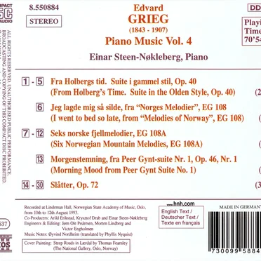 Piano Music, Volume 4: Piano Music, Volume 4: Holberg Suite / Slåtter, op. 72 / Six Norwegian Mountain Melodies / Melodies of Norway / Morning Mood