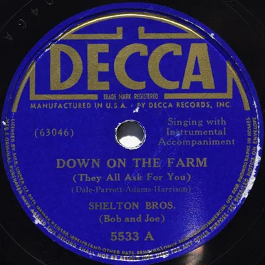 Down On The Farm / Aura Lee by Shelton Brothers (Bob and Joe) - album cover
