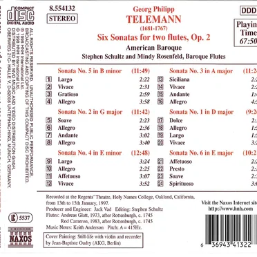 Six Sonatas for two flutes, Op. 2 (American Baroque)