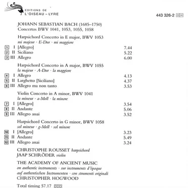 Harpsichord Concertos BWV 1053, 1055, 1058 / Violin Concerto BWV 1041