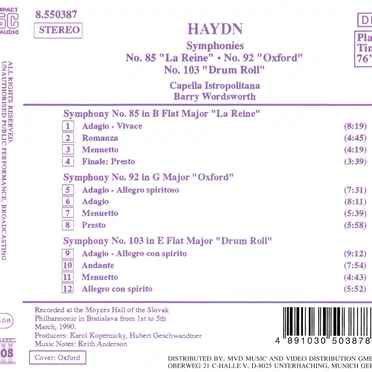 Symphonies No. 85 "La Reine" / No. 92 "Oxford" / No. 103 "Drum Roll"